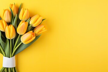 Top view design of holiday greeting tulip flower bouquet on bright yellow Background.