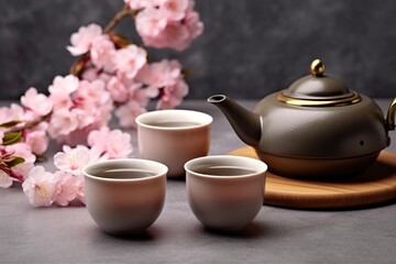 Traditional ceremony. Cups of brewed tea, teapot and sakura flowers on grey table.