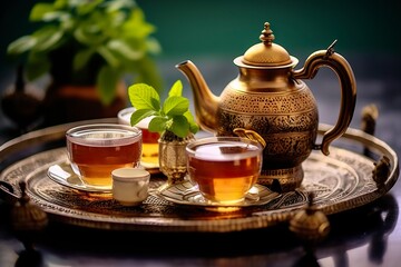 Traditional Moroccan tea set with decorative teapots, glasses, and mint leaves.