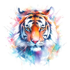 Watercolor tiger head on isolated with white background.