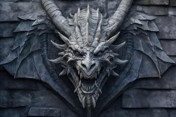 A detailed sculpture of a dragon's head adorning a building facade