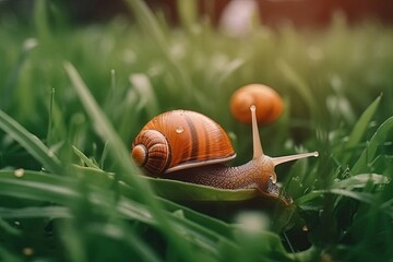 Close up of snail on a blade of grass.