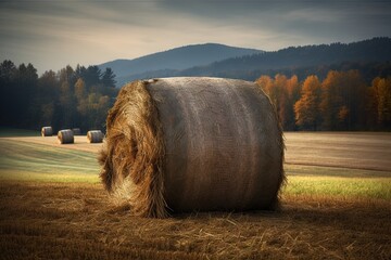 Hay bales in autumn field with mountains and forest, beautiful landscape.