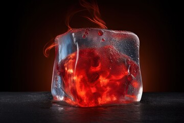 Red icy hot red cold cubes on black surface, hot ice concept.