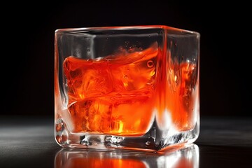 Orange cocktail in square icy hot cube with ice and splash