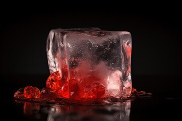 Red icy hot cherry cold cubes on black surface, hot ice concept.