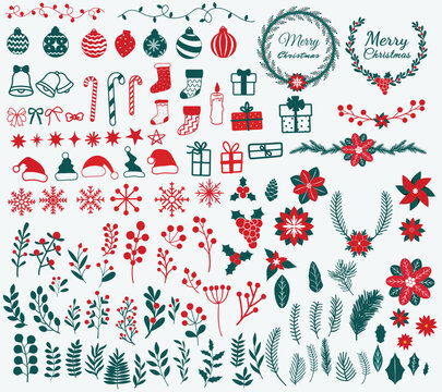 Collection of Christmas design elements, Set of hand drawn christmas flower wreath collection,  Winter holiday vector illustration set
