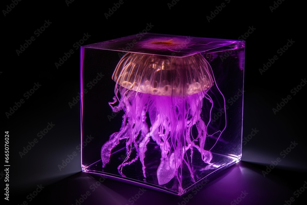 Wall mural purple glowing jellyfish in transparent cube