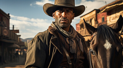 Obraz premium wild west town, western theme, modern man dressed as a cowboy on a horse