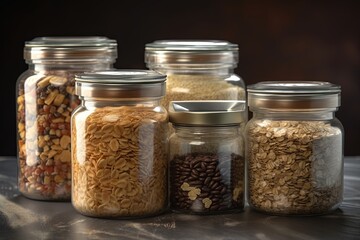 Glass jars with grains, cereals and nuts