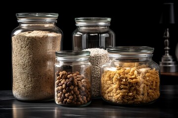 Minimalistic jars of grains and pulses on dark background