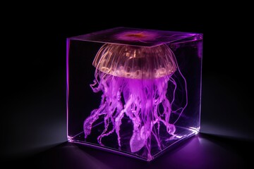 Purple glowing jellyfish in transparent cube