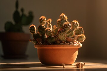 Cluster of cacti in terracotta pot on table