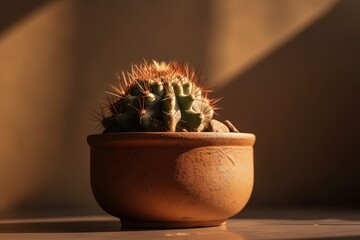 Cactus in terracotta pot on orange background with sunset rays