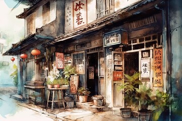 Fototapeta na wymiar Traditional chinese storefront in watercolor style