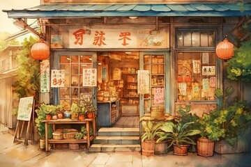 Drawing art of cozy Chinese bookshop with blue roof and red lanterns
