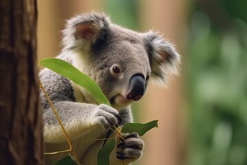 Koala clinging to a tree and eating leaves