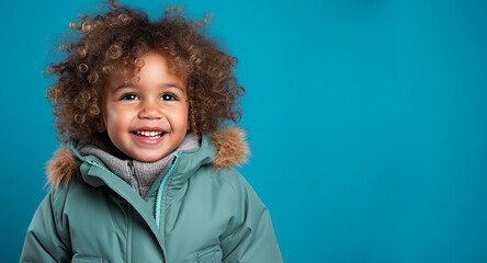 Perfect boy kids smile on left side of photo and copy space on right side with blue background. Banner with little boy with curly hair in mint winter jacket. Fashionable child in coat. Children parka.