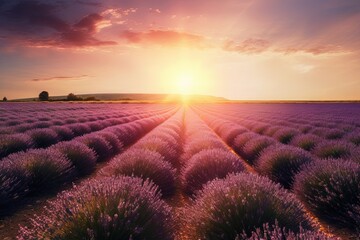 Incredible view of lavender field at sunset - obrazy, fototapety, plakaty