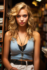 Young blonde woman in tank top posing in vintage bookstore.