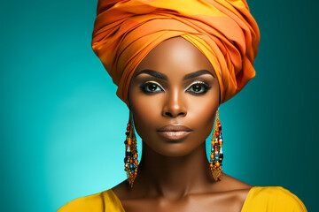 Black model with yellow headwrap on turquoise background.
