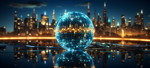 Globe With Buildings Stock,  Futuristic technology connects internet space and communication sphere, Cyber World, Futuristic City Spheres on Water 3D Rendered, generative AI - obrazy, fototapety, plakaty