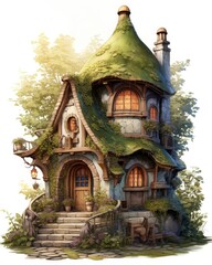 Watercolor mossy cottage isolated on white background.