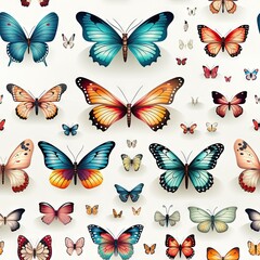 A close up of a bunch of colorful butterflies on white background seamless pattern