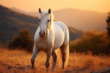 White horse or mare in the mountains at sunset.