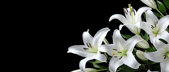 White lily flowers on black background.