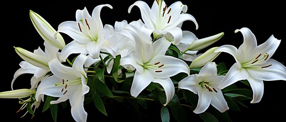White lily flowers on black background.