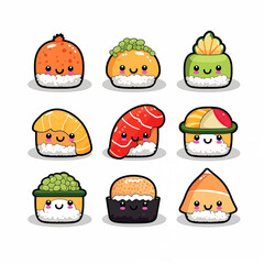 Fototapeta premium Children painting and drawing of sushi, salmon, carrot, story, cute 