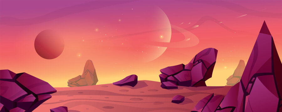 Vector Cartoon Illustration Of Martian Desert. Adventure Game Background. Alien Planet Surface With Rocky Stones