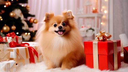 Fototapeta na wymiar Beautiful cream color dog - pomeranian Spitz christmas. Ai generated