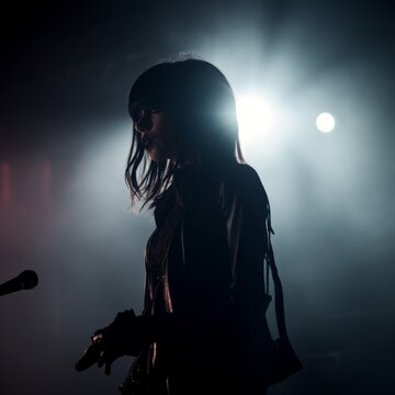 blurry silhouette photo of goth girl with bangs on stage