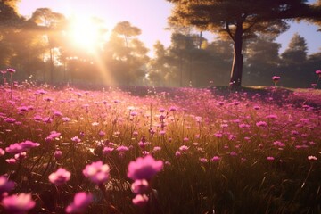 A vibrant meadow of blossoming pink flowers illuminated by sunlight. Generative AI