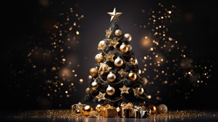 Elegant Gold Christmas Tree: A shining gold Christmas tree with a golden star and sparkling bokeh...