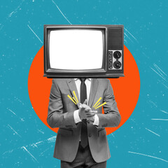 A business man with a retro television instead of a head against a blue background, surrealism. - obrazy, fototapety, plakaty