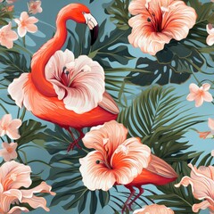 Beautiful seamless vector floral summer pattern background with tropical palm leaves flamingo
