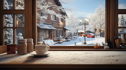A cup of coffee at a cafe on a snowy day. Generative AI