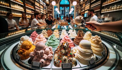 Assorted gelato flavors in a glass counter with a scoop serving one, and eager customers in the background.