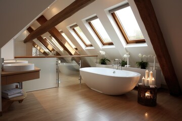 Fototapeta na wymiar A spacious bathroom with a luxurious white bathtub and natural lighting from the windows