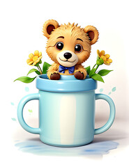 A cute bear baby in mug, flowers around, watercolor style 