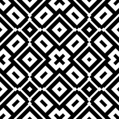 Black repeated geometric figures on white background. Seamless surface pattern design with symmetrical rhombuses, rectangles and crosses ornament. Polygons wallpaper. Geometrical motif. Digital paper.