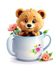 A cute bear baby in mug, flowers around, watercolor style 