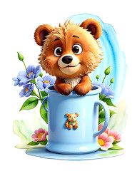 A cute bear baby in mug, flowers around, watercolor style 