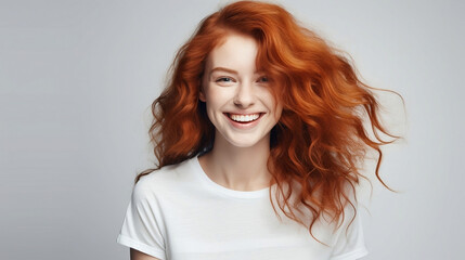 Fototapeta premium Women faces. A happy woman with red hair in a white T-shirt on a light background. Banner advertising is an empty place. Smile white teeth.Ai 