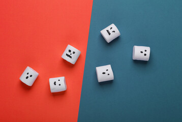 Top view, flat lay halloween layout marshmallows with faces on colored background. Trick or Treat