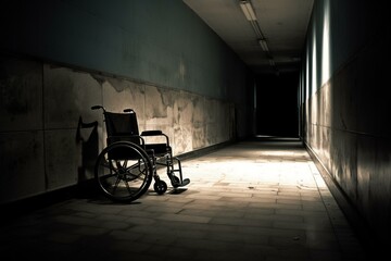 Fototapeta na wymiar Unoccupied wheelchair near dark tiled wall. Digital art. Generative AI