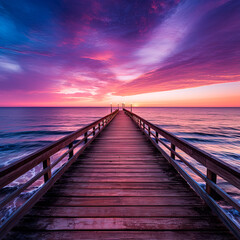 Fototapeta na wymiar A pier stretching out into the ocean at purple sunset. Generative AI